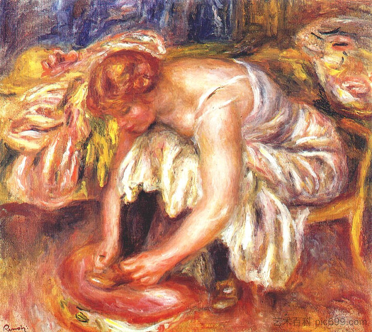 系鞋带的女人 Woman tying her shoe (c.1918),皮耶尔·奥古斯特·雷诺阿