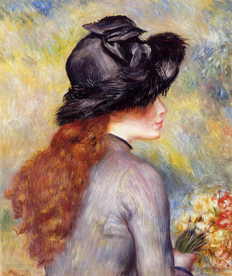 年轻女孩拿着郁金香花束 Young Girl Holding at Bouquet of Tulips (c.1878),皮耶尔·奥古斯特·雷诺阿