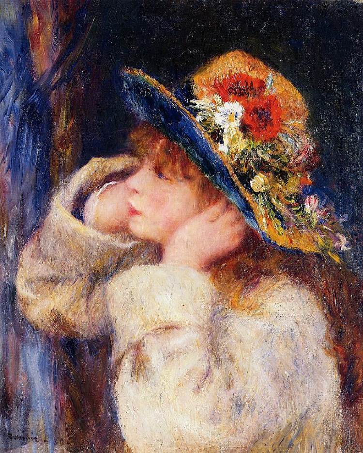 戴着野花装饰的帽子的年轻女孩 Young Girl in a Hat Decorated with Wildflowers (1880)，皮耶尔·奥古斯特·雷诺阿