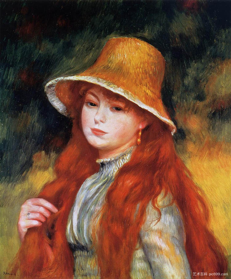戴草帽的年轻女孩 Young Girl in a Straw Hat (c.1884)，皮耶尔·奥古斯特·雷诺阿