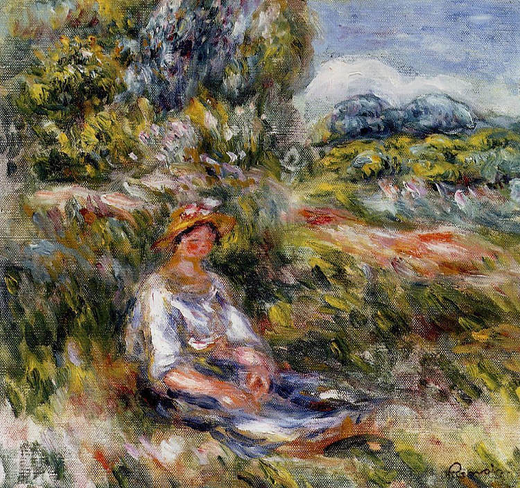 坐在草地上的年轻女孩 Young Girl Seated in a Meadow (1916)，皮耶尔·奥古斯特·雷诺阿