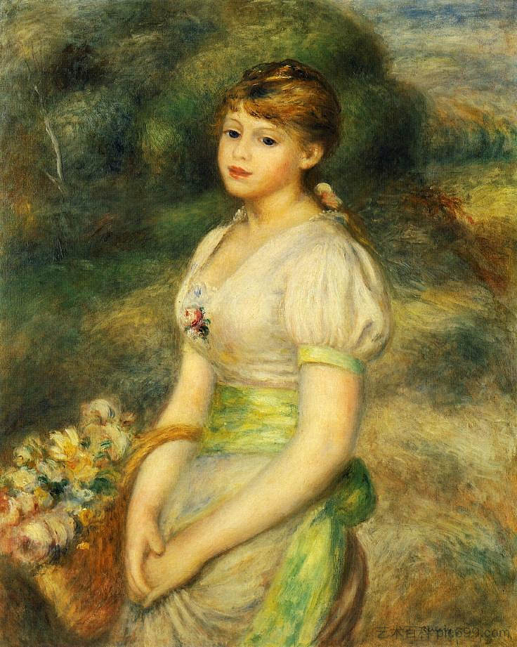 拿着花篮的年轻女孩 Young Girl with a Basket of Flowers (1888),皮耶尔·奥古斯特·雷诺阿