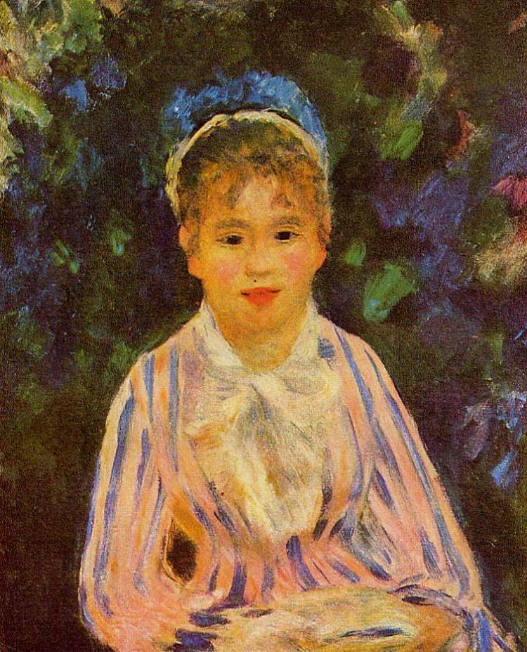 穿着蓝色和粉红色条纹衬衫的年轻女子 Young Woman in a Blue and Pink Striped Shirt (1875)，皮耶尔·奥古斯特·雷诺阿