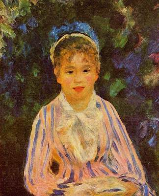 穿着蓝色和粉红色条纹衬衫的年轻女子 Young Woman in a Blue and Pink Striped Shirt (1875)，皮耶尔·奥古斯特·雷诺阿