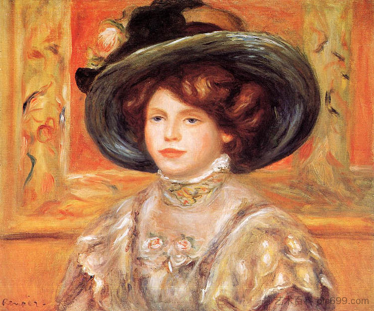 戴蓝帽子的年轻女子 Young Woman in a Blue Hat (c.1900),皮耶尔·奥古斯特·雷诺阿