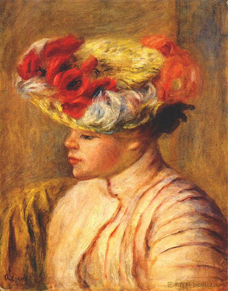 戴着花帽子的年轻女子 Young woman in a flowered hat (1892)，皮耶尔·奥古斯特·雷诺阿