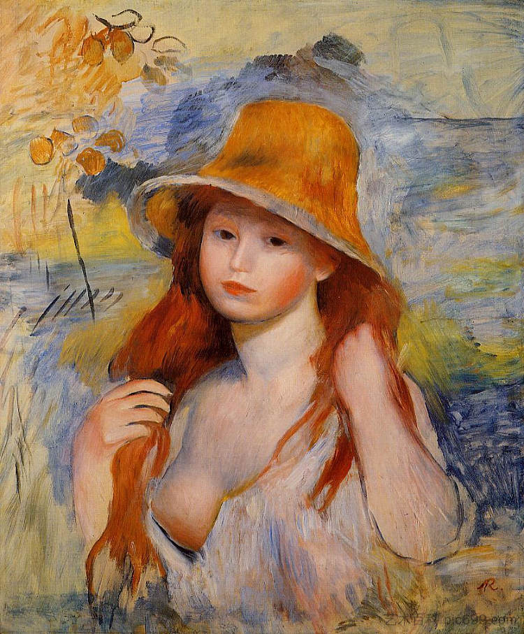 戴草帽的年轻女子 Young Woman in a Straw Hat (1884)，皮耶尔·奥古斯特·雷诺阿