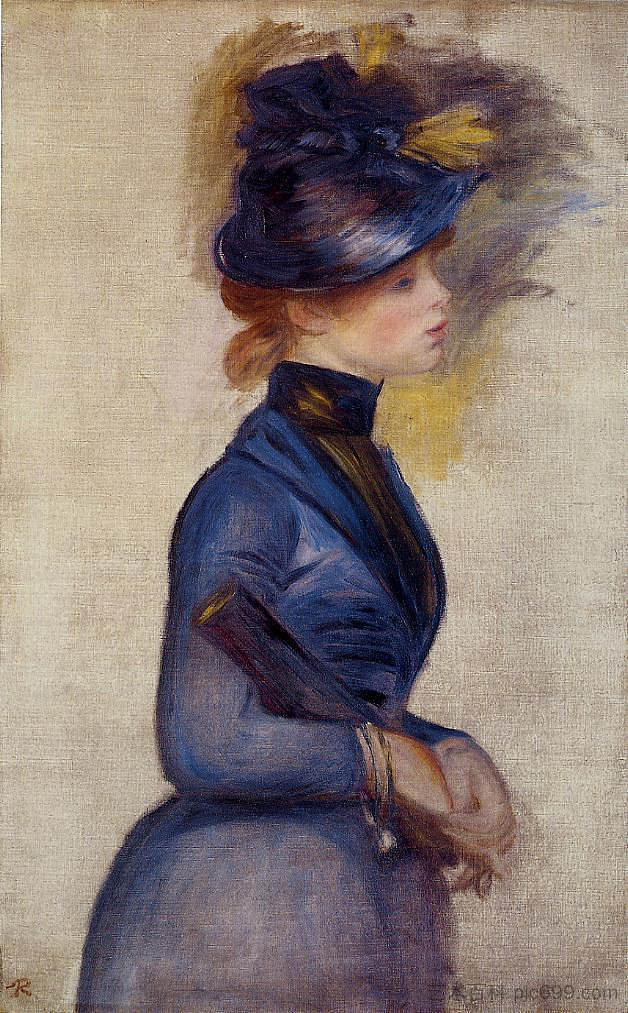 温室里穿着亮蓝色的年轻女子 Young Woman in Bright Blue at the Conservatory (1877),皮耶尔·奥古斯特·雷诺阿