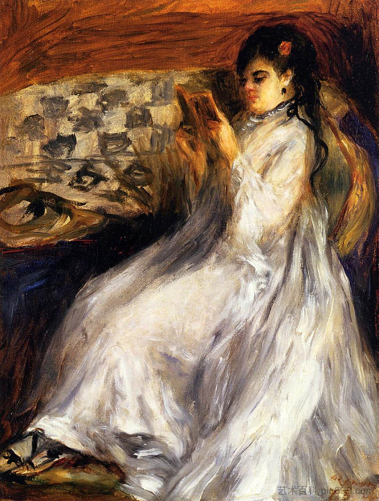 白衣年轻女子阅读 Young Woman in White Reading (c.1873)，皮耶尔·奥古斯特·雷诺阿