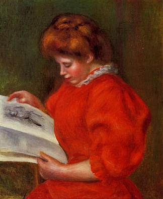 年轻女子看版画 Young Woman Looking at a Print (1896)，皮耶尔·奥古斯特·雷诺阿