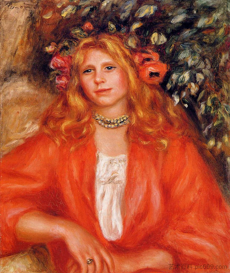戴着花环的年轻女子 Young Woman Wearing a Garland of Flowers (c.1908),皮耶尔·奥古斯特·雷诺阿