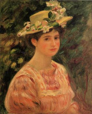 戴着野玫瑰帽子的年轻女子 Young Woman Wearing a Hat with Wild Roses (c.1896)，皮耶尔·奥古斯特·雷诺阿