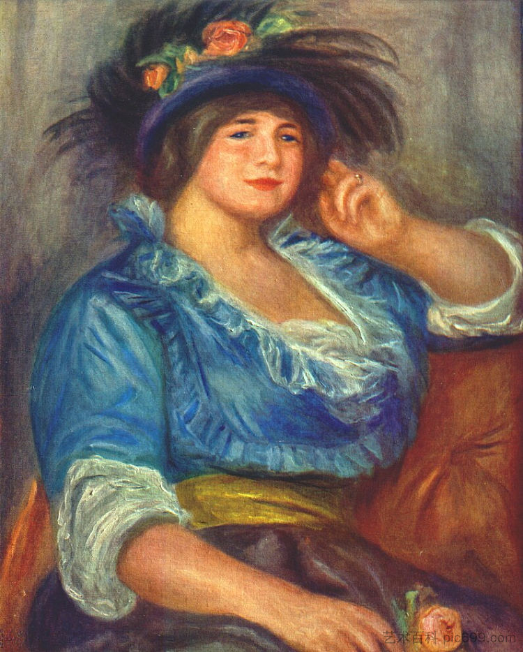 帽子上插着一朵玫瑰的年轻女子 Young woman with a rose in her hat (1913),皮耶尔·奥古斯特·雷诺阿