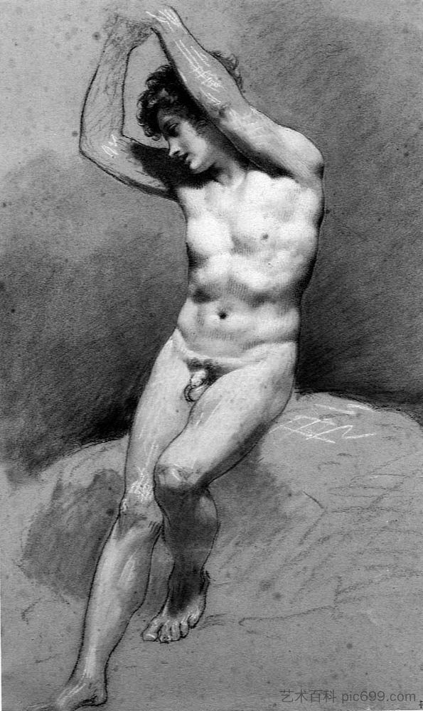 坐着的男性裸体 Seated Male Nude (c.1800; France ),皮埃尔·保罗·普吕东