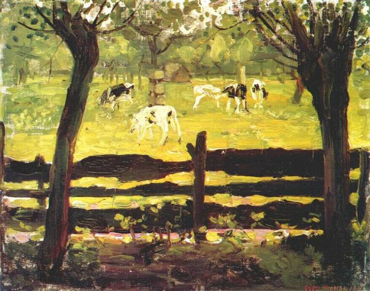 柳树旁田野上的小牛 Calves in a Field Bordered by Willow Trees (1905)，皮特·蒙德里安