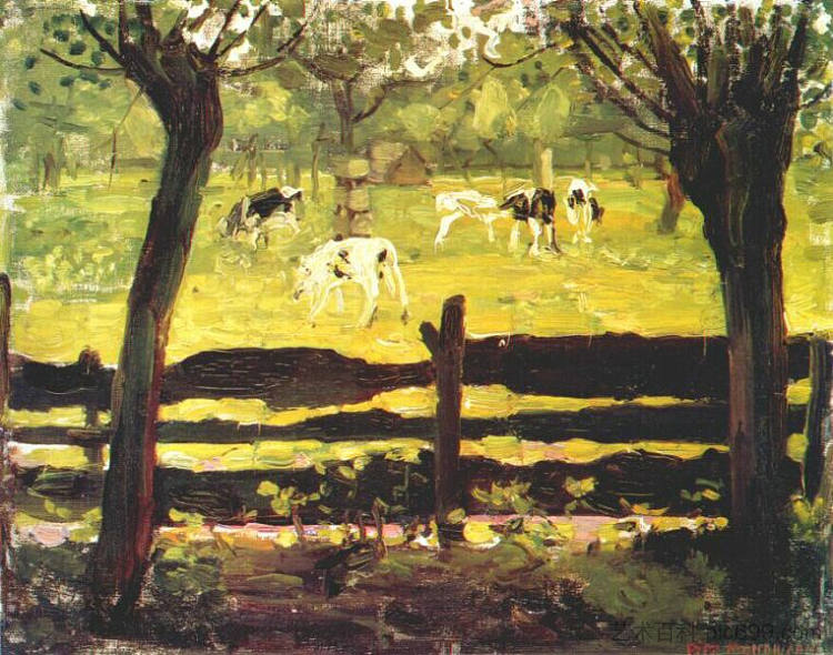 柳树旁田野上的小牛 Calves in a Field Bordered by Willow Trees (1905)，皮特·蒙德里安