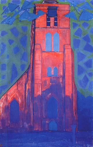 多姆堡教堂塔楼 Church tower at Domburg (1911)，皮特·蒙德里安