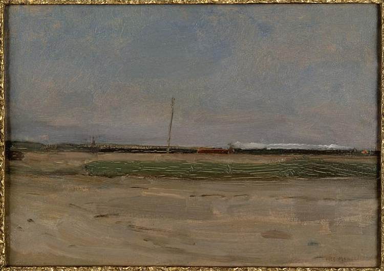 圩田景观与地平线上的火车和小风车 Polder Landscape with a Train and a Small Windmill on the Horizon (1906 - 1907)，皮特·蒙德里安
