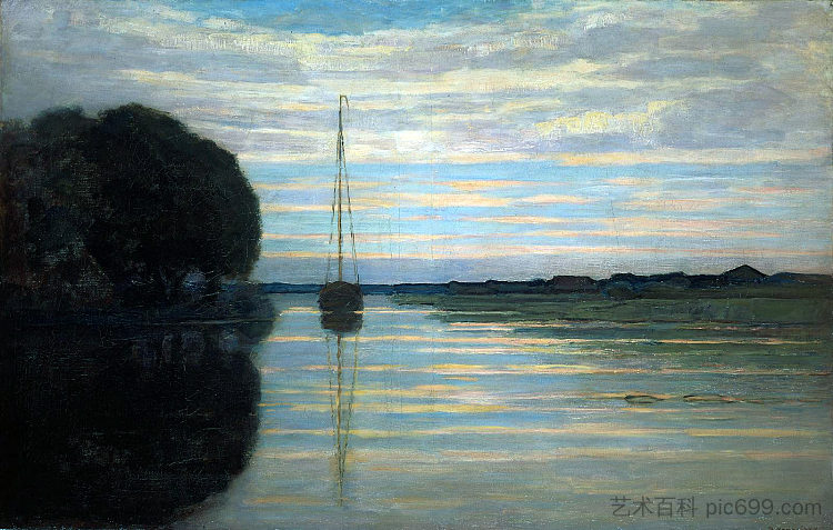 河景与船太阳 River view with a boat Sun (1907)，皮特·蒙德里安