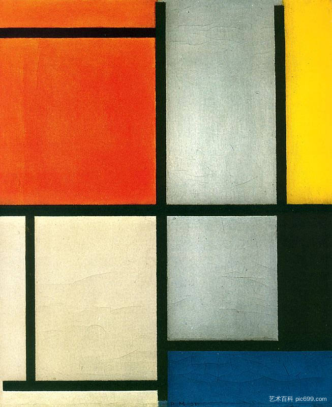 带橙色的 Tableau 3 - 红色、黄色、黑色、蓝色和灰色 Tableau 3 with Orange -Red, Yellow, Black, Blue and Gray (1921)，皮特·蒙德里安