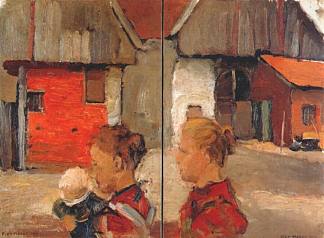 农场前的妇女和儿童 Woman and child in front of a farm (c.1898 – c.1899)，皮特·蒙德里安