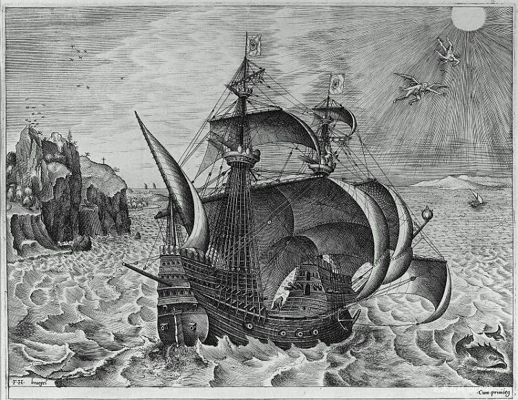 武装三爷与天空中的代达罗斯和伊卡洛斯 Armed Three Master with Daedalus and Icarus in the Sky (1561 - 1562)，彼得·勃鲁盖尔