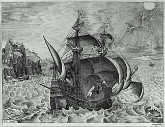 武装三爷与天空中的代达罗斯和伊卡洛斯 Armed Three Master with Daedalus and Icarus in the Sky (1561 – 1562)，彼得·勃鲁盖尔
