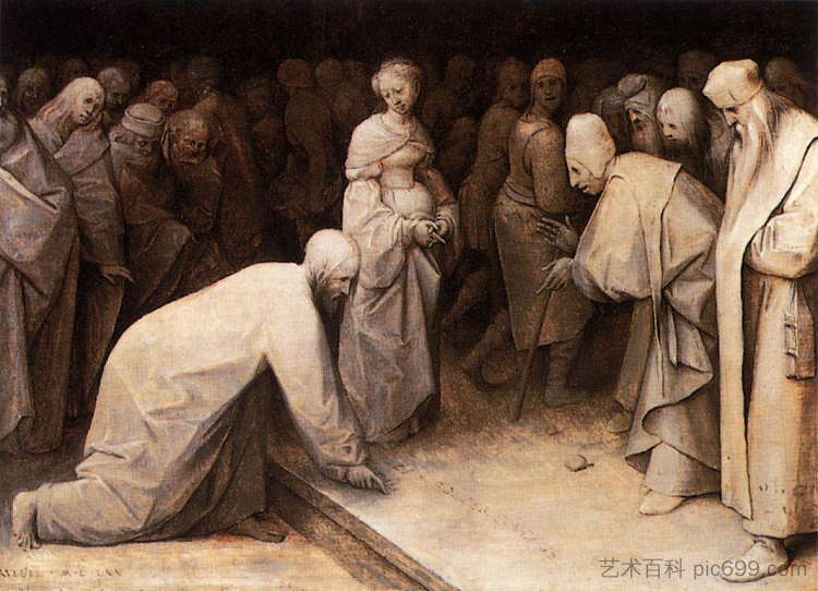 基督和被奸淫的女人 Christ and the Woman taken in Adultery (c.1565)，彼得·勃鲁盖尔