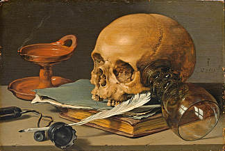 静物画。骷髅头和羽毛笔 Still Life. Skull and Writing Quill (1628)，彼得·克莱兹