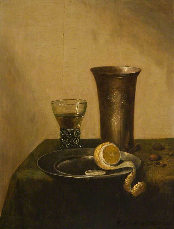 一个银烧杯，一个罗默和一个去皮柠檬 A Silver Beaker, a Roemer and a Peeled Lemon (1636)，彼得·克莱兹