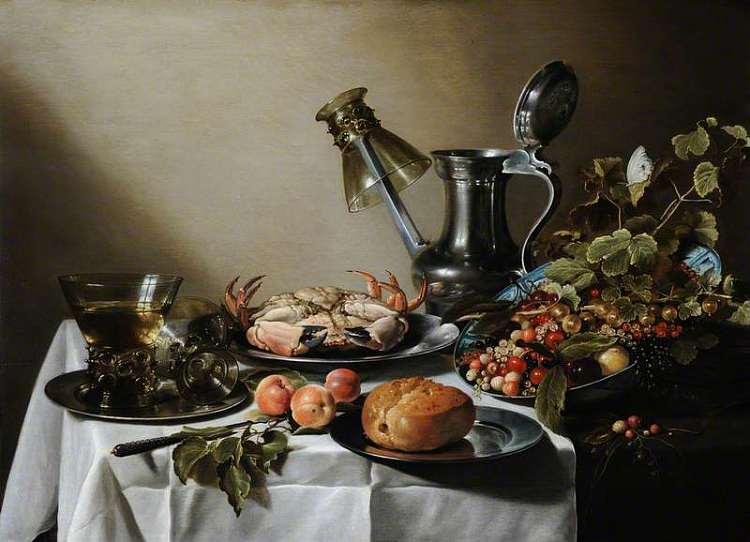 静物画。桌子上的食物、玻璃杯和水壶 Still Life. Food, Glasses and a Jug on a Table (1640)，彼得·克莱兹