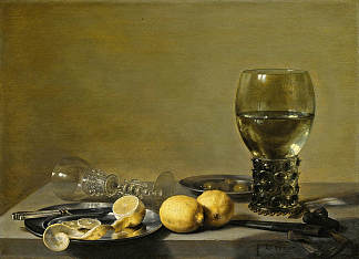 柠檬和橄榄的静物锡在壁架上盘装罗默和威尼斯酒杯 Still Life of Lemons and Olives Pewter Plates a Roemer and a Facon De Venise Wine Glass on a Ledge，彼得·克莱兹