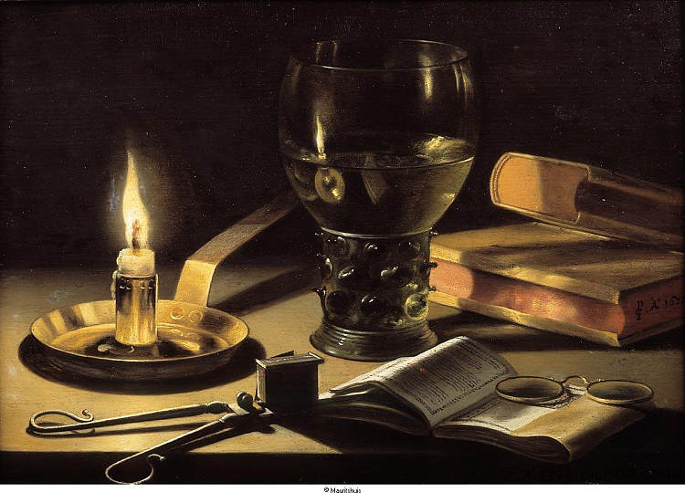 燃烧蜡烛的静物 Still life with a burning candle (1627)，彼得·克莱兹