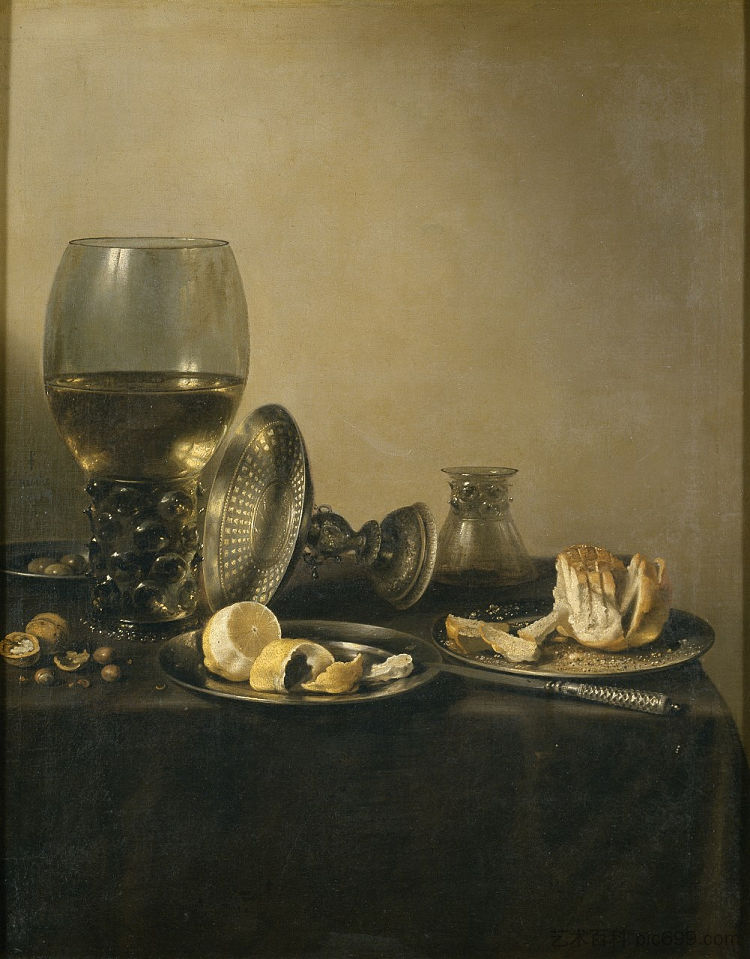 静物与高脚杯，银图伦和面包 Still Life with Goblet, Silver Tureen and Bread (1637)，彼得·克莱兹