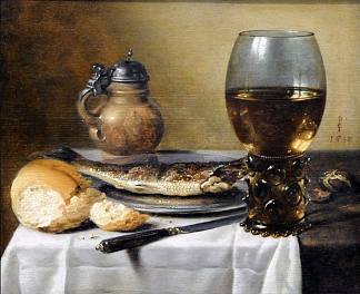 静物与水壶，酒杯，鲱鱼和面包 Still Life with Jug, Wine Glass, Herring and Bread (1642)，彼得·克莱兹