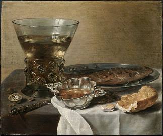 静物与银白兰地碗，酒杯，鲱鱼和面包 Still Life with Silver Brandy Bowl, Wine Glass, Herring and Bread (1642)，彼得·克莱兹