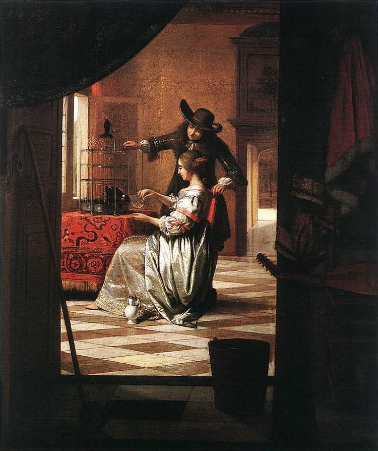 与鹦鹉情侣 Couple with Parrot (1668)，皮特尔·德·胡格