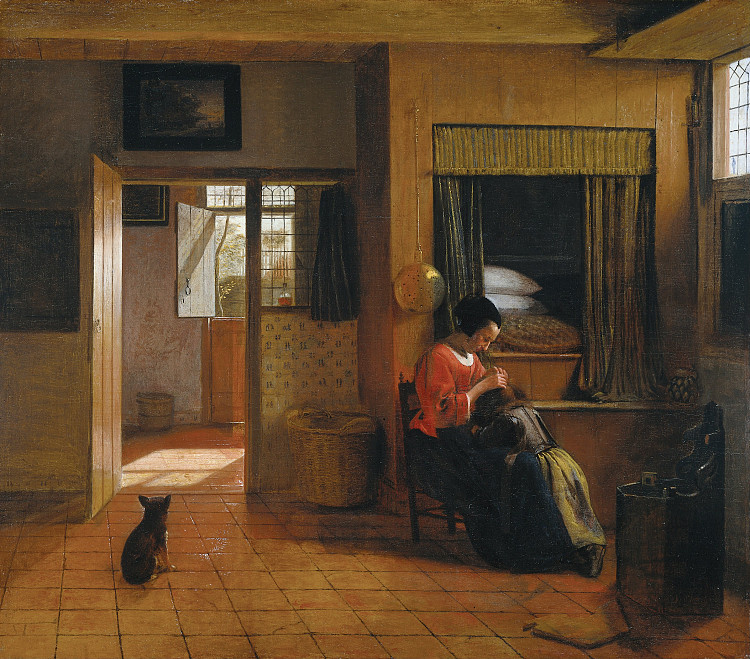 室内与母亲给孩子除虱 Interior with a Mother delousing her Child (c.1660)，皮特尔·德·胡格