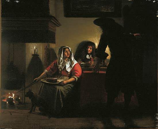 室内有两男一女在火旁 Interior with Two Gentleman and a Woman Beside a Fire，皮特尔·德·胡格