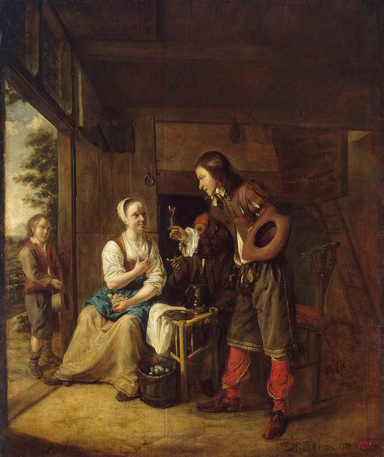 男人向女人提供一杯酒 Man Offering a Glass of Wine to a Woman (1653)，皮特尔·德·胡格