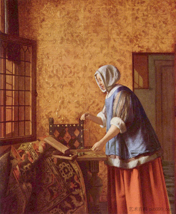 女人称金币 Woman weighing gold coins (c.1664)，皮特尔·德·胡格