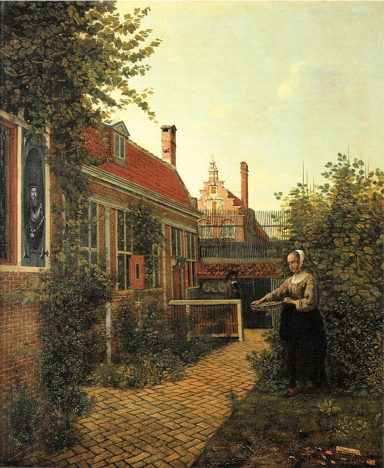 女人在厨房花园里拿着一篮子豆子 Woman with basket of beans in the kitchen garden (1651)，皮特尔·德·胡格