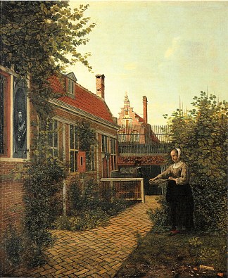 女人在厨房花园里拿着一篮子豆子 Woman with basket of beans in the kitchen garden (1651)，皮特尔·德·胡格