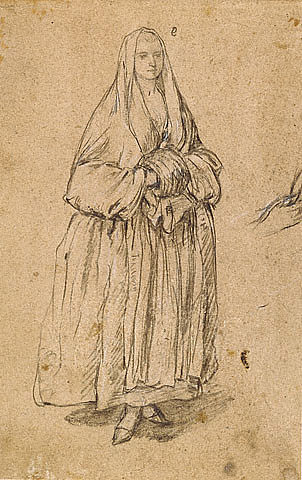 站立的女人拿着一个面向右边的马夫 Standing Woman Holding a Muff Facing Right (1755 – 1760)，彼得罗·隆吉