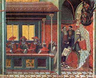普雷德拉面板。教皇向加尔默罗会代表团颁发公牛 Predella Panel. The Pope Issues a Bull to a Carmelite Delegation (1329)，彼得罗·洛伦泽蒂