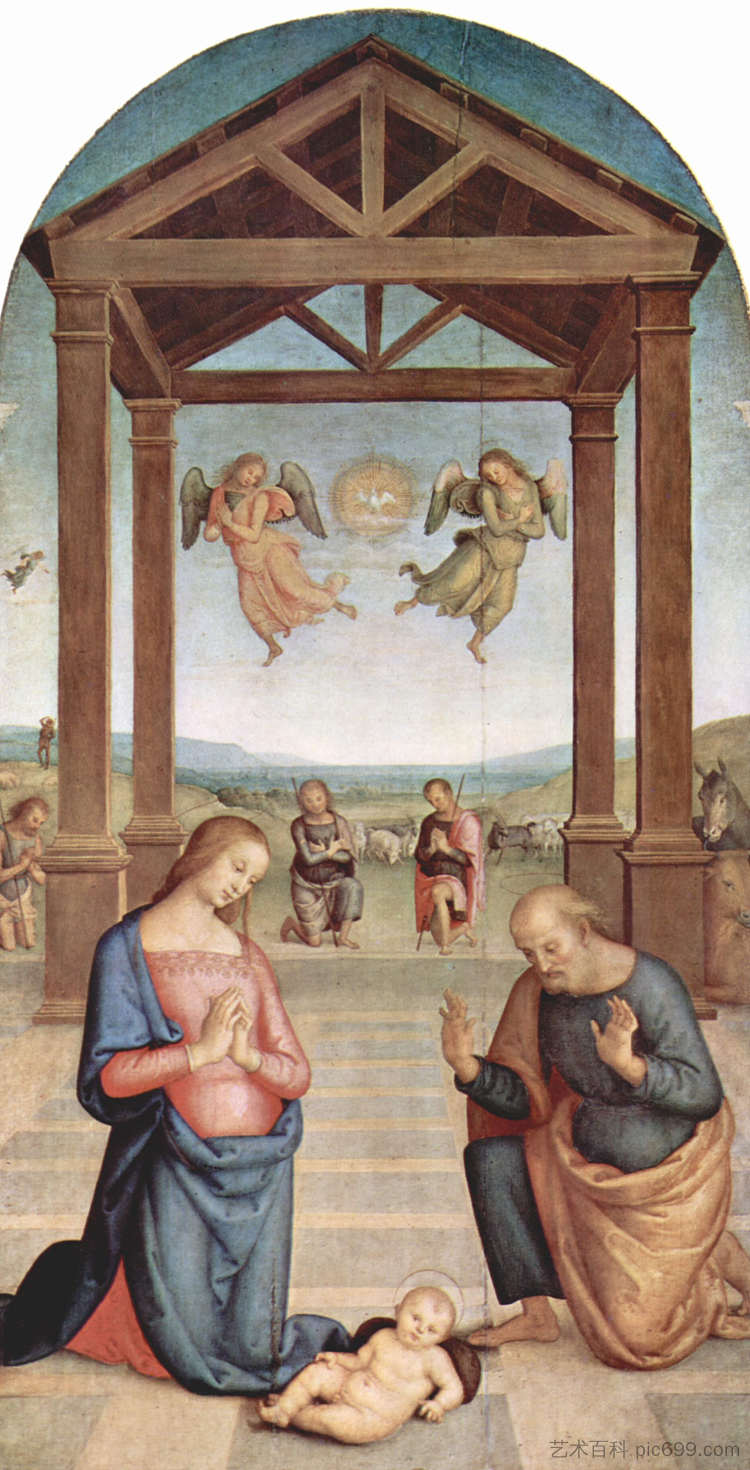 圣奥古斯丁祭坛画 - 牧羊人的崇拜 Altarpiece of St. Augustine - Adoration of the Shepherds (1506 - 1510),彼得罗·贝鲁吉诺