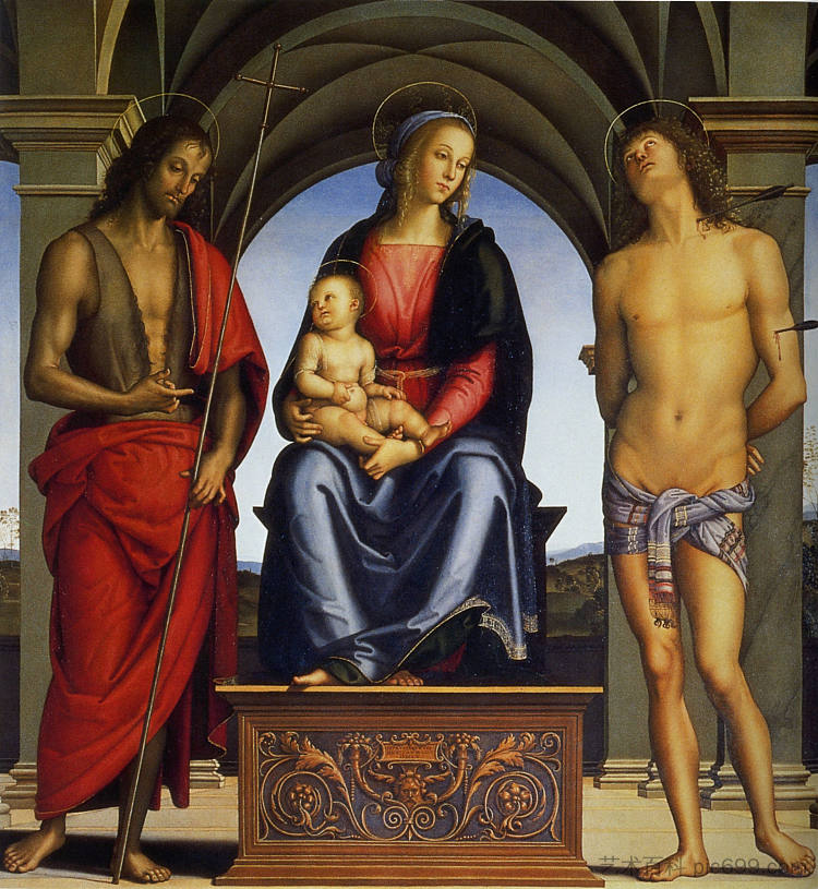 麦当娜和孩子与施洗者圣约翰和圣塞巴斯蒂安 Madonna and Child with St. John the Baptist and St. Sebastian (1493)，彼得罗·贝鲁吉诺