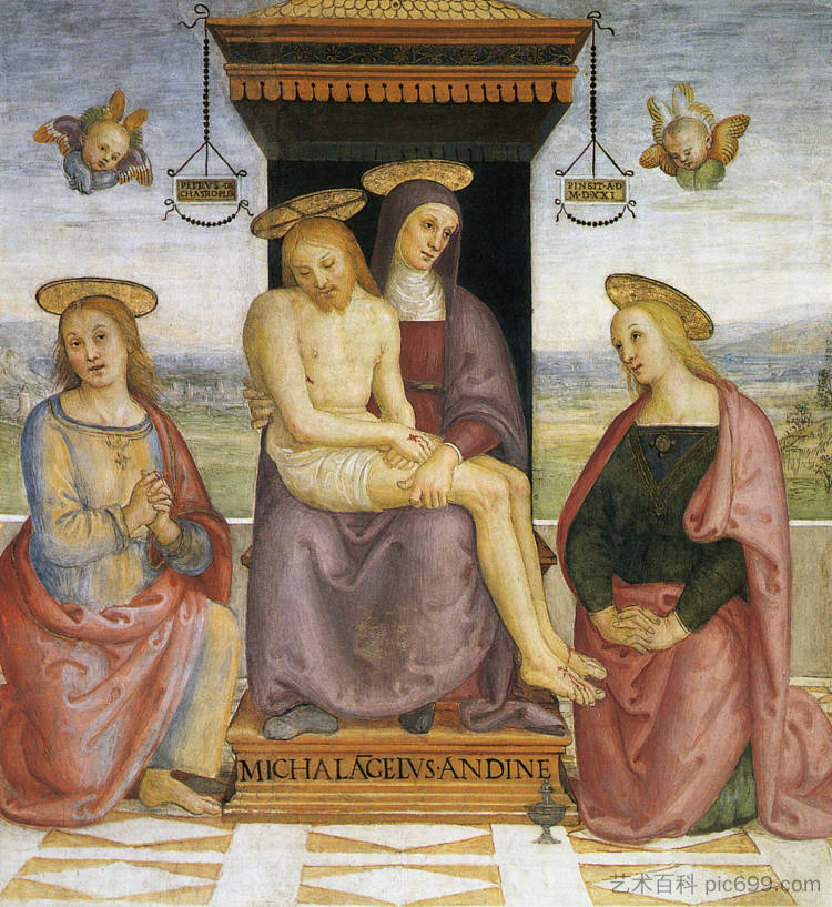 圣约翰和抹大拉的马利亚之间的圣母怜子图 Pieta between St. John and Mary Magdalene (1521)，彼得罗·贝鲁吉诺