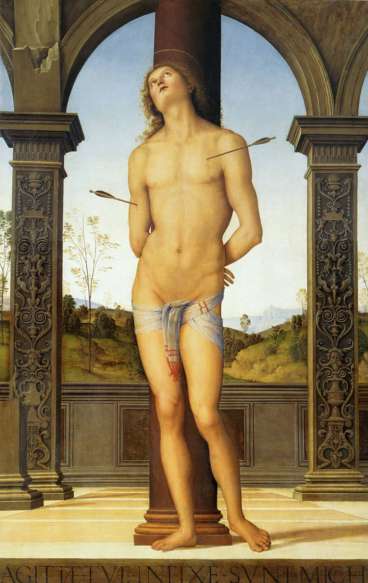 圣塞巴斯蒂安绑在一根柱子上 St. Sebastian tied to a Column (1500 - 1510)，彼得罗·贝鲁吉诺