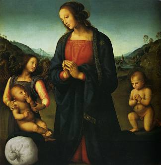 圣母与孩子，圣约翰和天使（麦当娜德尔萨科） Virgin with a Child, St. John and an angel (Madonna del Sacco) (1500)，彼得罗·贝鲁吉诺